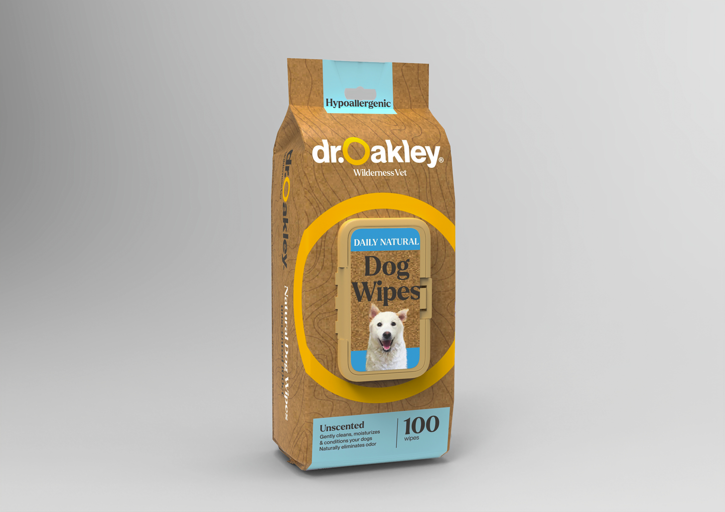 Package of Dr. Oakley dog wipes on a gray background