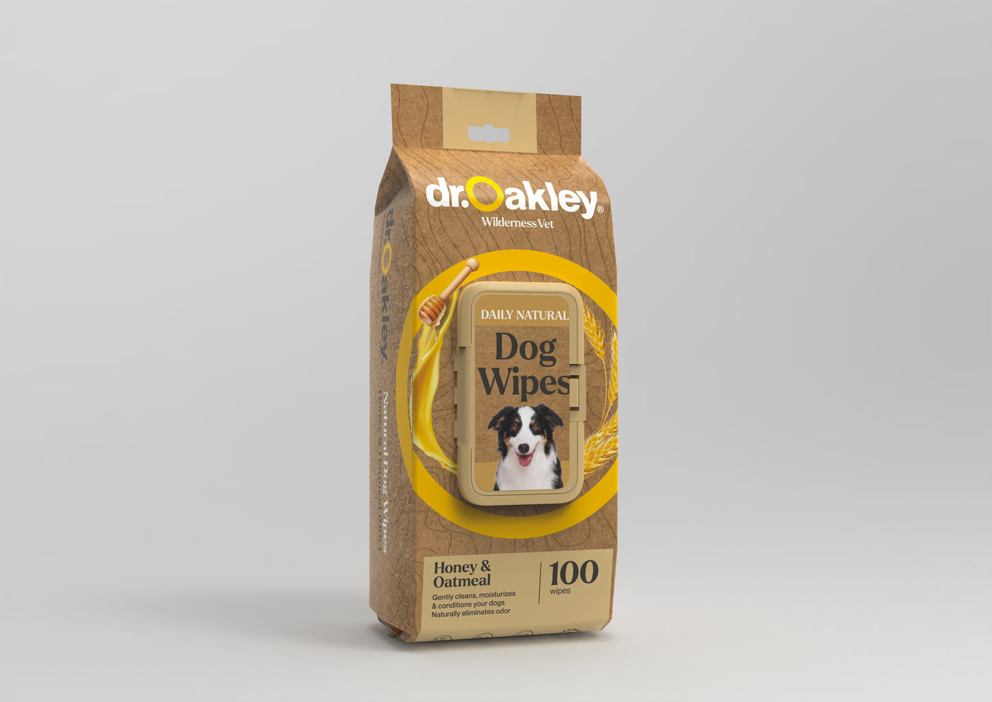 Dr. Oakley dog wipes package on a gray background