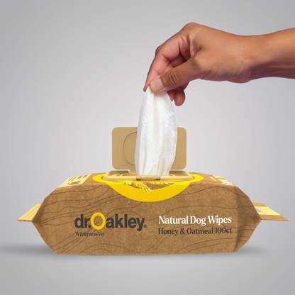 Hand pulling a dog wipe from a Dr. Oakley natural dog wipes package on a gray background