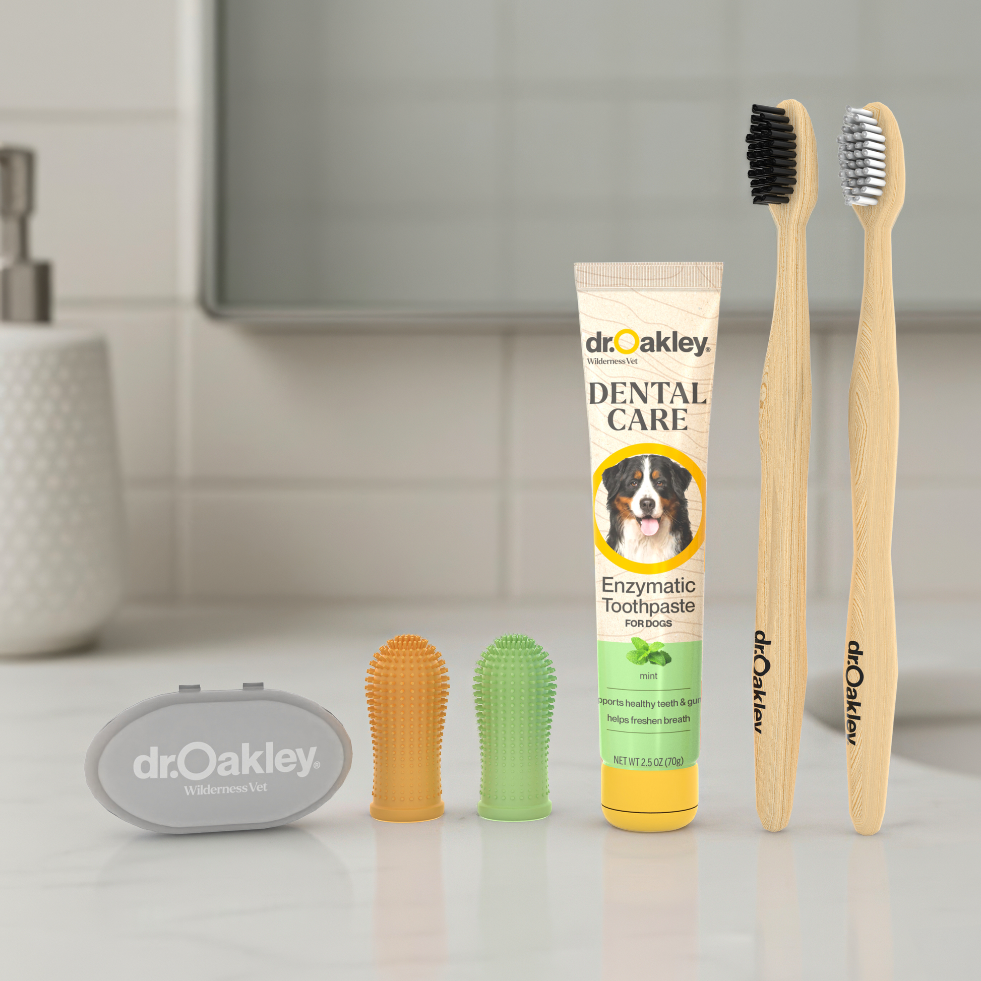 Dog dental care products including toothpaste, brushes, and tools on a bathroom counter.