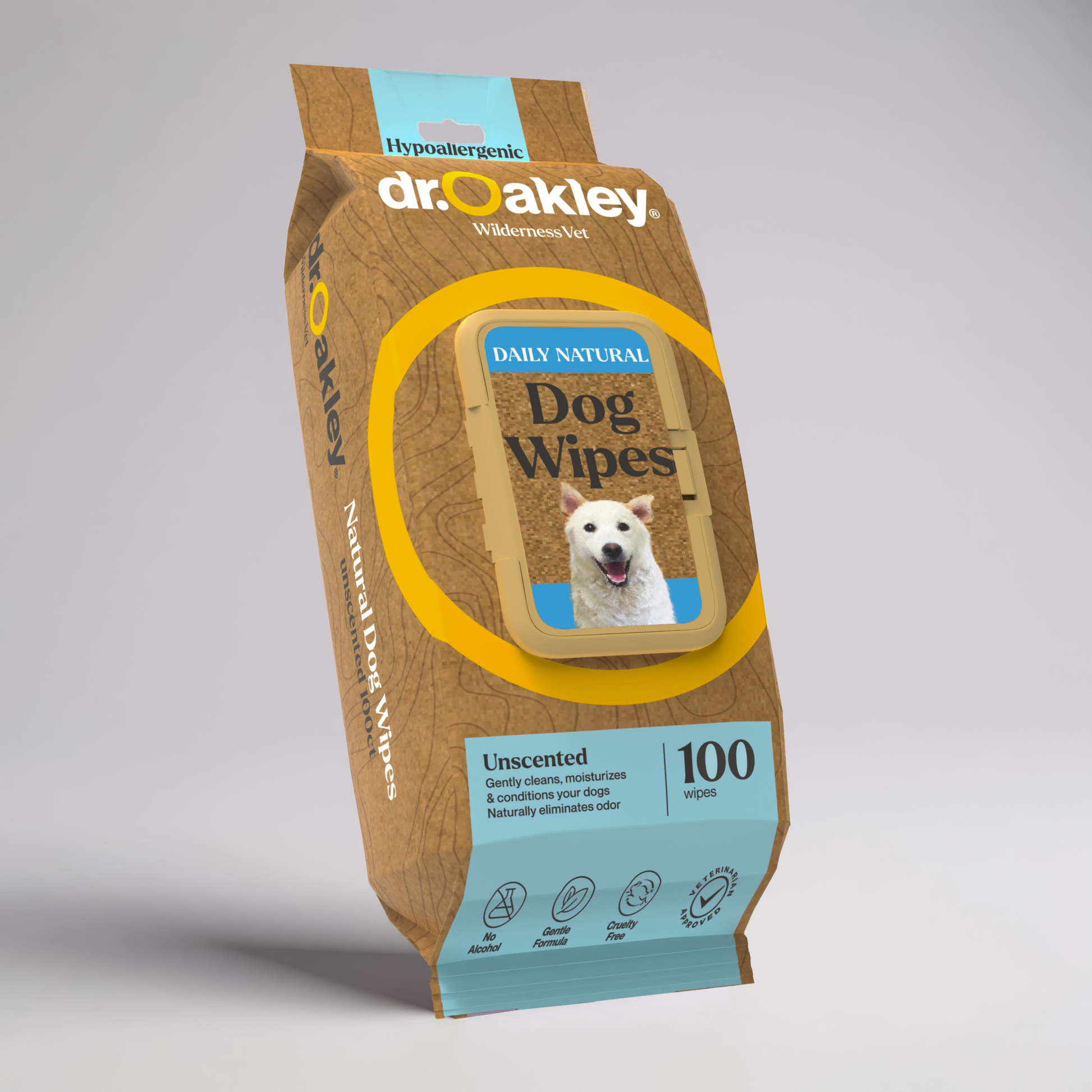 Dr. Oakley dog wipes packaging on a gray background