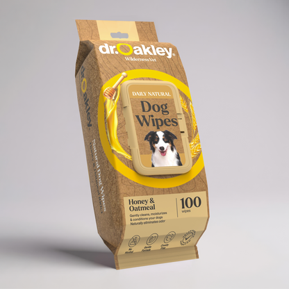 Dr. Oakley dog wipes packaging on a gray background