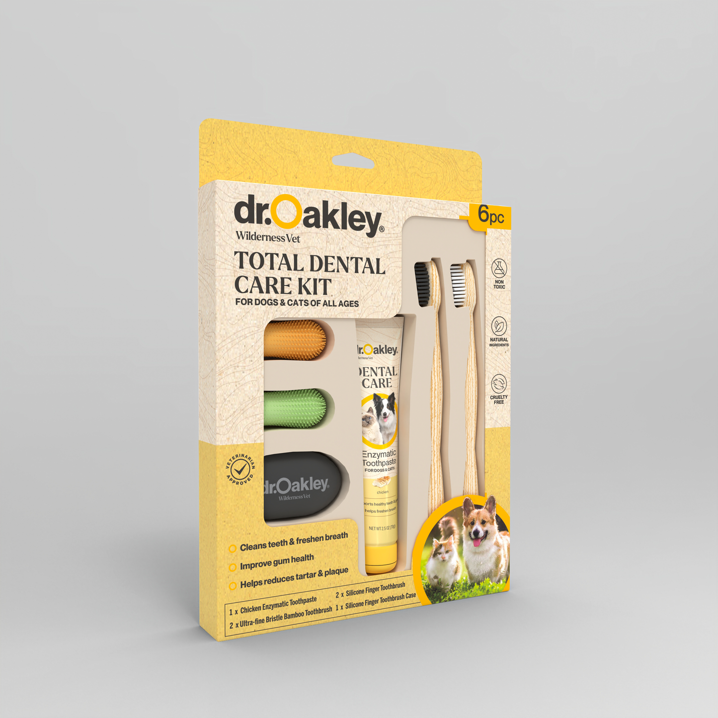 Dog dental care kit 6pc with bamboo toothbrushes and toothpaste