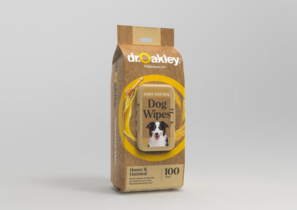 Dr. Oakley dog wipes package on a gray background