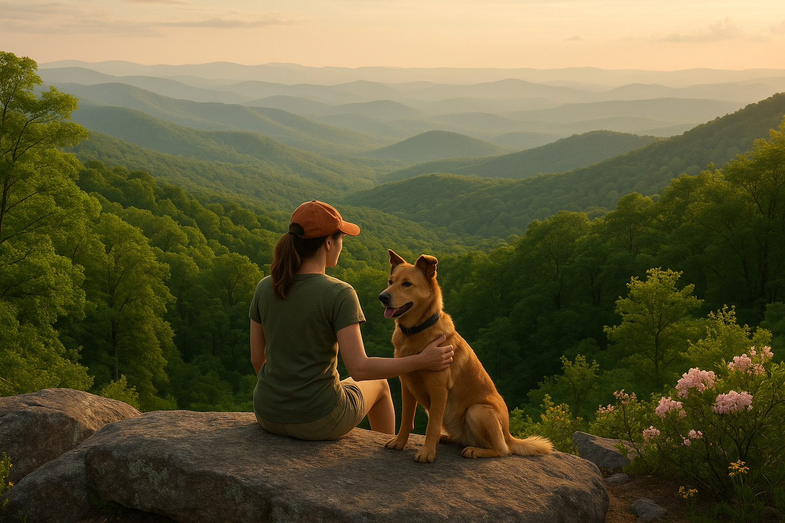 women with her dog sitting on a rock on a mountain top with beautiful tree tops in the background, looks like it could be set in the Appalachian Mountains